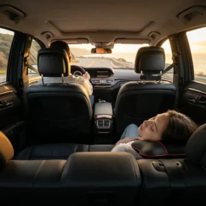 Petit oreiller voiture en cuir noir avec surpiqûres rouges